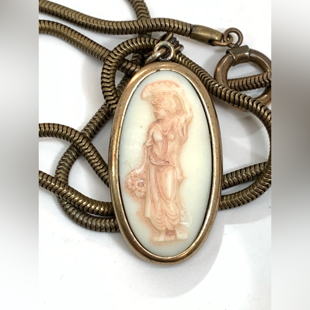 EXTASIA Ivory Cameo Necklace Oval Mythos Intaglio Glass Brass Snake Chain